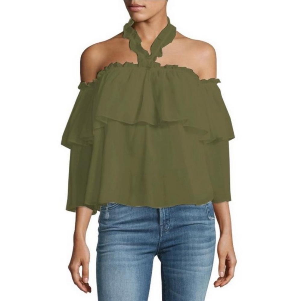 Misa Los Angeles Galle Olive Green Off Shoulder Blouse Top Shirt